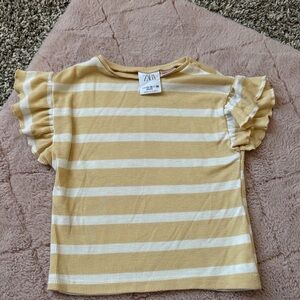 Zara Kids Yellow and White Striped Ruffle Sleeve Tee